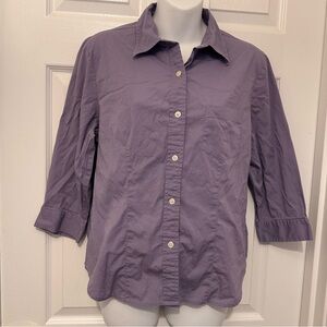 Talbots Size M Purple 3/4 Sleeve Button-Down Blouse Stretch Classic Career Shirt